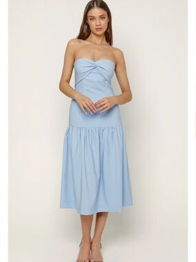 Rare London Strapless Powder Blue Midi Dress with Twist Front